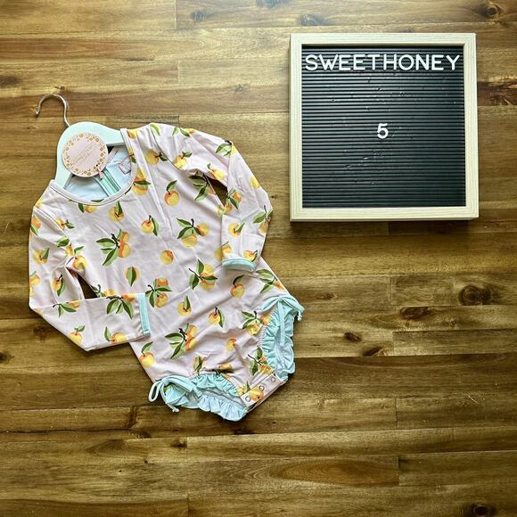 NWT SweetHoney Long Sleeve Rash Guard Savannah Pink Green Peaches Ruffle Preppy - Picture 1 of 6